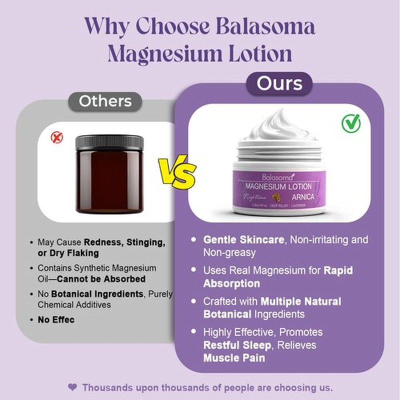 Balasoma Nighttime Magnesium Lotion with Arnica – Magnesium Cream for Sleep – Potent Magnesium Formula Soothes Muscles & Joints, Apply to Legs & Feet Before Bed – Safe for Kids