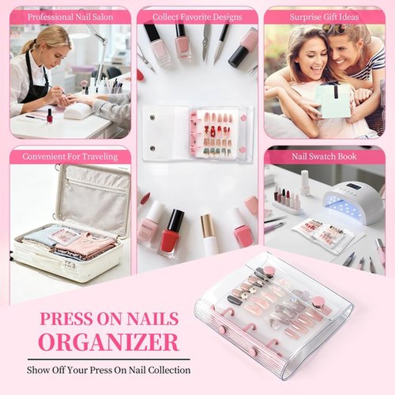 ASTONFOG Press On Nail Organizer, 2Pcs Press On Nail Binder Book with 12 Insert Pages-A8 Sized & Double Sized Tape, Fake Nails Swatch Display Collecting Storage Book(Pink+White)
