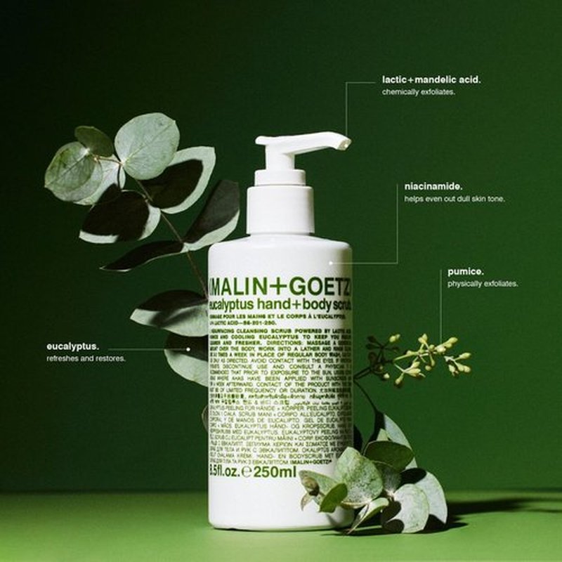 MALIN+GOETZ Eucalyptus Hand & Body Scrub - Resurfacing Cleanser with Lactic Acid & Niacinamide | Vegan, 8.5 Fl Oz