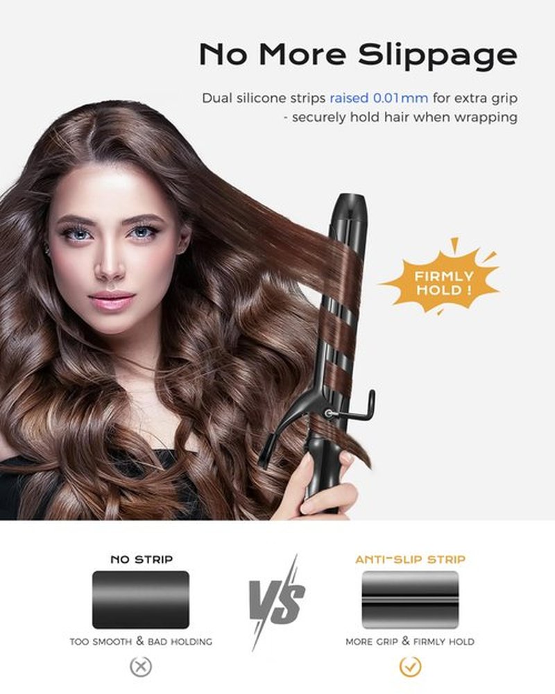 FUNBUGS 1.25'' Double Ceramic Long Barrel Curling Iron - 8'' Extended Wand | 5 Heat Settings | Dual Voltage | Auto Shut-Off | Anti-Slip Styling for Long Hair (Bag, Mat, Glove)