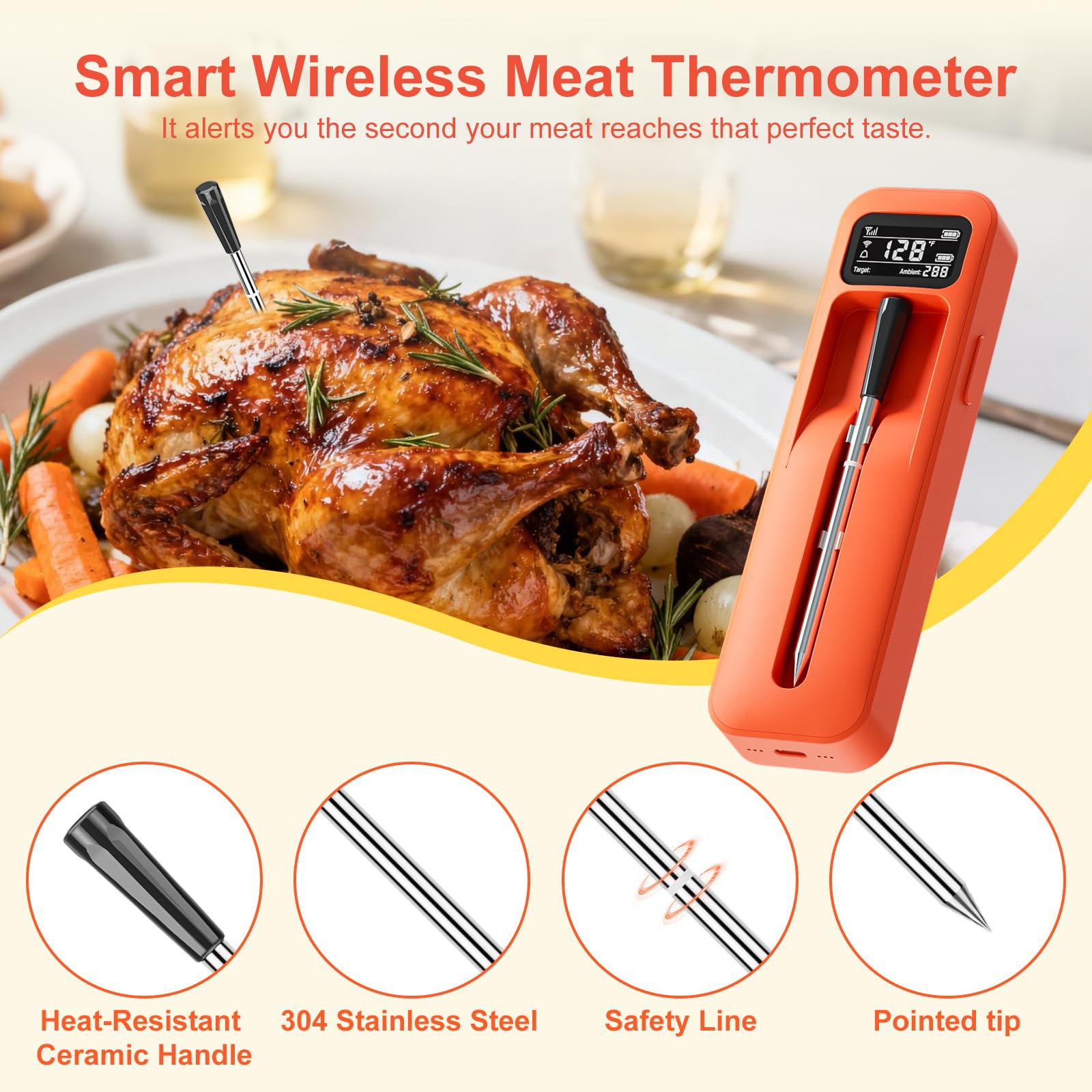 Smart Wireless Digital Meat Thermometer with Ceramic Probe, Food Thermometer Standalone Display Base 3000FT Range Real-time Monitoring ±0.5°F Accuracy,for BBQ/Oven/Grill/Smoker/Air Fryer