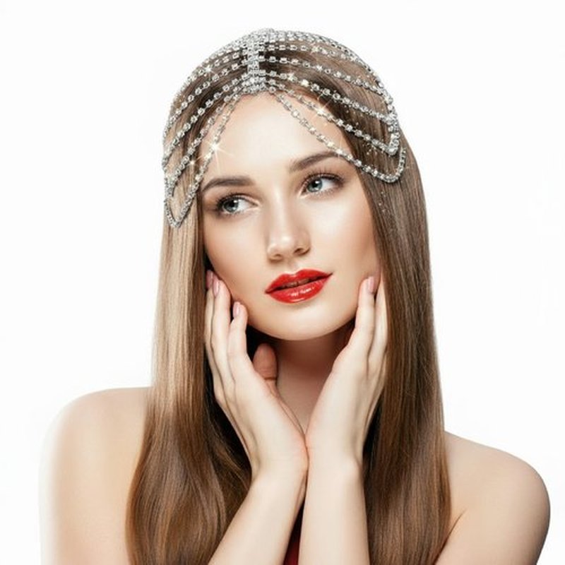 Juexica Rhinestone Flapper Headpiece Chainmail Headpiece 1920s Showgirl Accessories for Women Head Jewelry