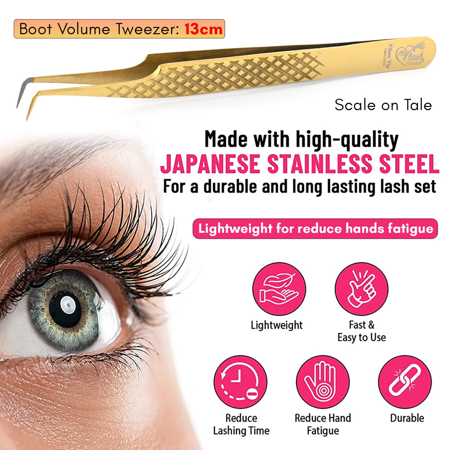 My Lash Tools Fiber Tip Lash Tweezers for Eyelash Extension Curved 90 Degree Angle Boot Tweezer Best for Volume, Individual Isolation & Classic Lashes Stainless Steel Lash Supply (Gold)