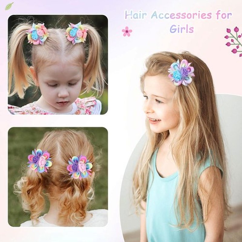 TOKUFAGU 6PCS Hair Bows for Girls, Flower Hair Clips Rainbow Hair Accessories for Girls Toddler Bows with Alligator Clips for Kids Child Teens(Rainbow)