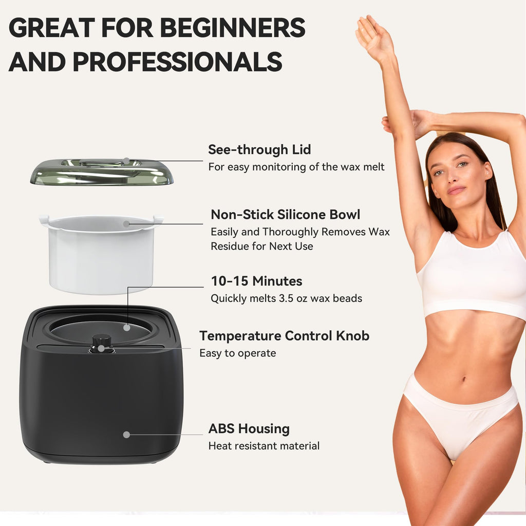 Waxing Kit for Women Men, Wax Warmer with Silicone Bowl & 4 Bags Hard Wax Beads, Portable Wax Kit for Sensitive Skin Full Body Hair Removal, Brazilian Bikini, Eyebrow, Face, Black