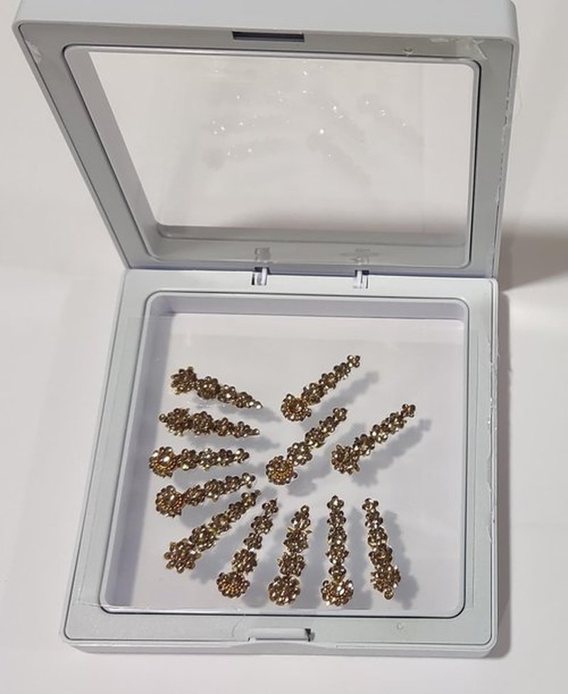 12 Bindi Box Long Crystal Bindis Bridal face Jewels Forehead Tika (With Extra Crystal Stones) | wedding makeup party event body art temporary tattoo Indian Bindi for women (Golden)