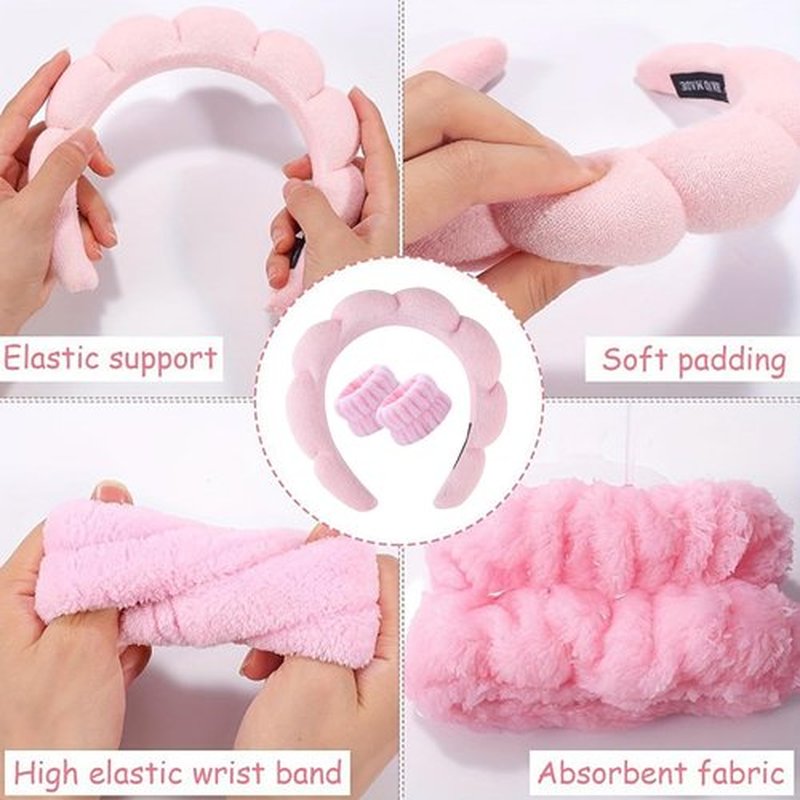 HKOVNE Spa Headband and Wristband Set for Women,Terry Cloth Sponge Headband for Washing Face,Makeup,Facial Mask and Skincare (Black,Pink, One Size)