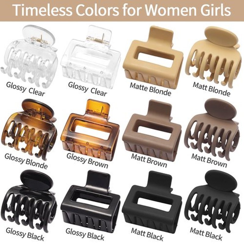 SUTHIA Medium Hair Clips for Women Girls 12 Bulk Pack, 2" Small Claw Clips for Thin, Fine, Short, Medium, Curly & Thick Hair Non Slip, Rectangle & Double Row Teeth, Classic & Neutral Hair Accessories