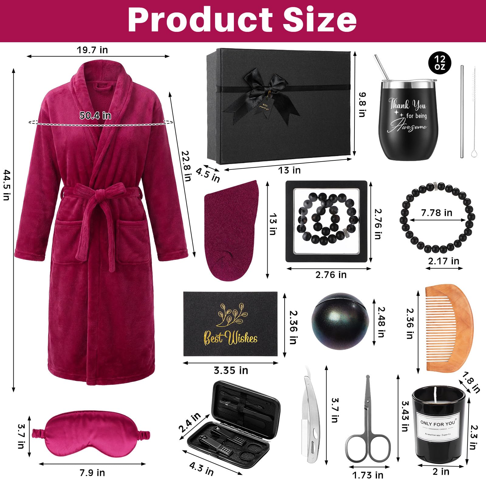 Nuogo 15 Pcs Birthday Gifts for Men Beard Care Set for Him Dad Birthday Gifts Basket Ideas Kit for Men Tumbler Bath Robe for Father's Day Dad Husband Boyfriend Box(Unhooded,Wine Red)