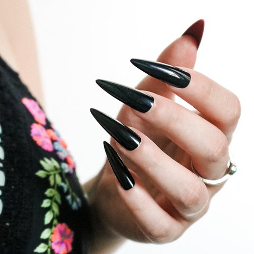 Allkem Press On Nails - Black Red Bottoms Glossy Extra Long Sculpted Stiletto 2 Set Bundle | 10 sizes - 20 pcs Nail kit with Glue