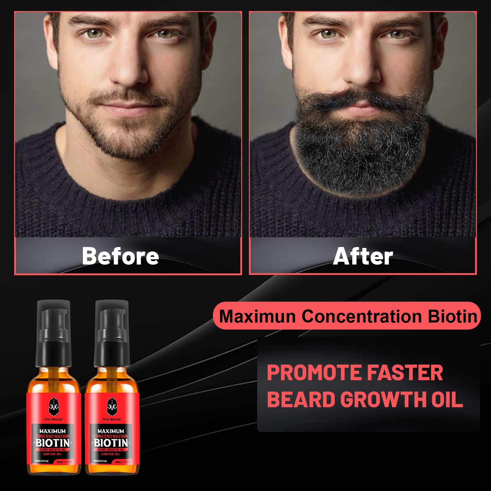 First Melody Beard Oil,Maximun Thickening Biotin, with Castor Oil and Argan & Jojoba Oils, Promotes Beard Growth, Styles, Strengthens & Softens Beards & Mustaches,1 Ounce*2