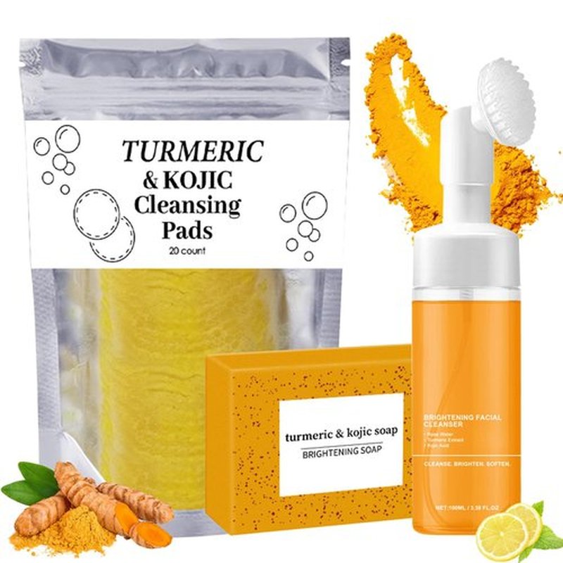 3PCS Turmeric Wash And Care Three Piece Set, Turmeric Trio: Facial Wash, Cleansing Mousse & Soap for Skin Care, Cleansing Exfoliating Pads, Turmeric Cleansing Skincare Set for Face & Body