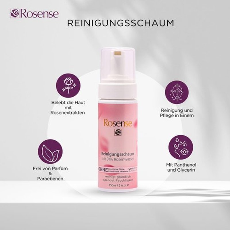 Rosense Cleansing Foam - Moisturising Facial Cleansing with 91% Natural Rose Water Vegan - 150 ml