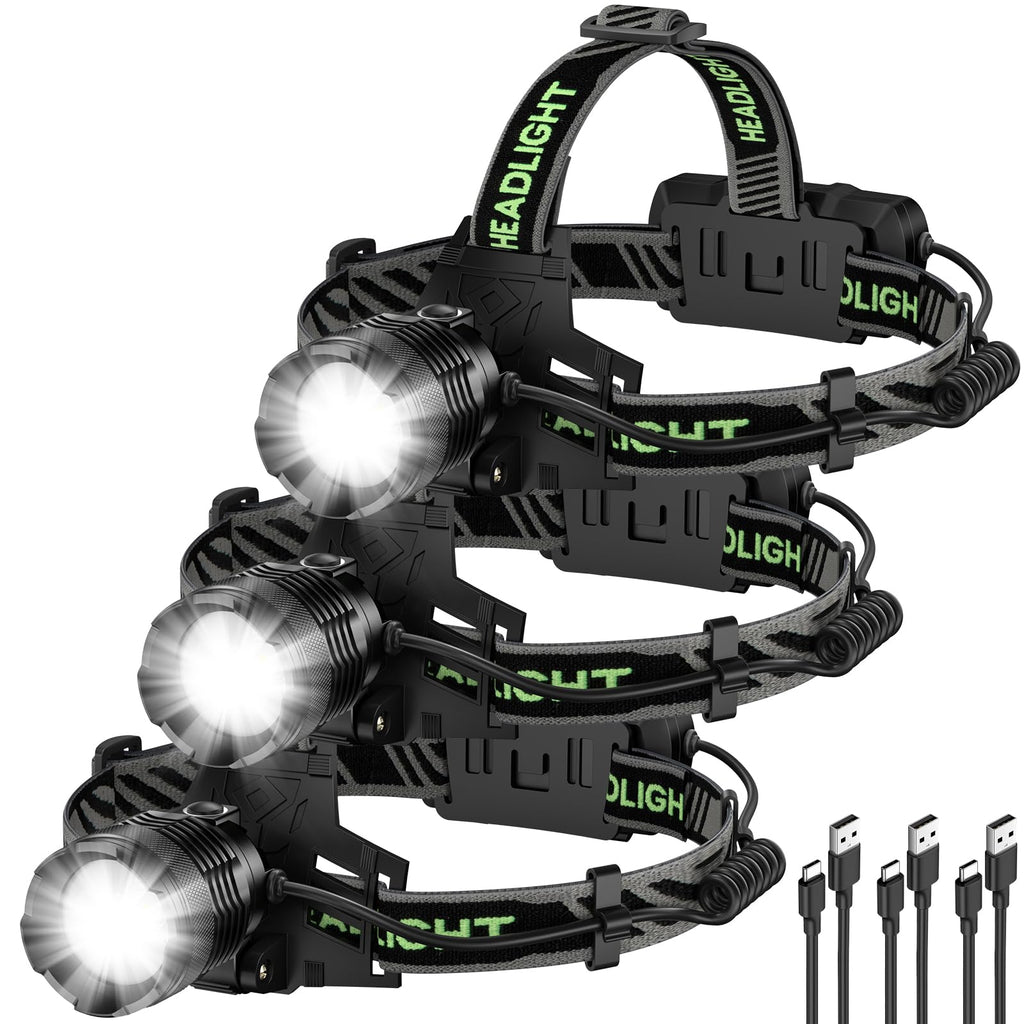 Kungf Rechargeable Headlamp 3 Pack, 99,000 Lumens Super Bright Head Lamp with 3 Modes, 90° Adjustable LED Head Light for Forehead, IPX6 Waterproof Headlamps for Adults,Camping,Hiking