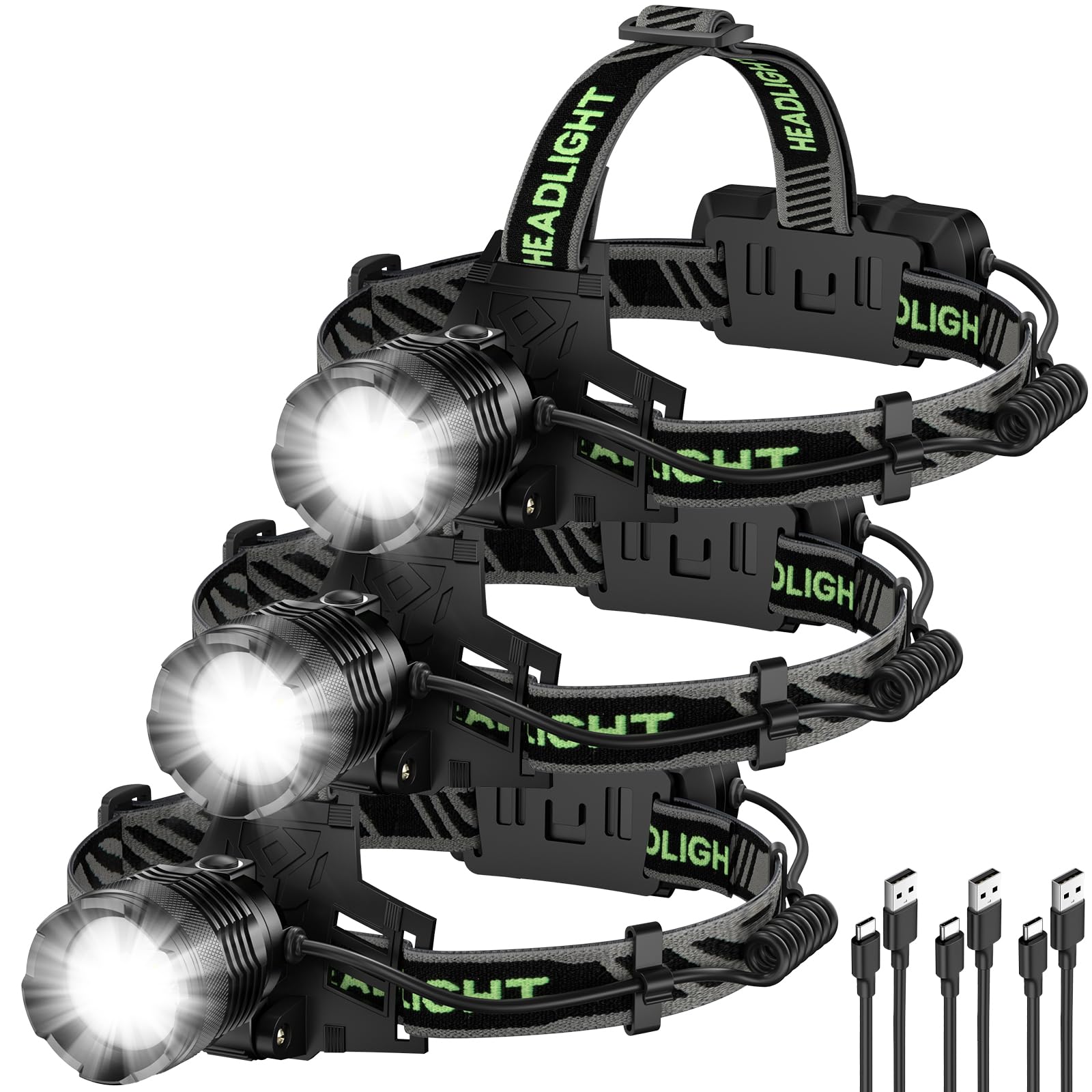 Kungf Rechargeable Headlamp 3 Pack, 99,000 Lumens Super Bright Head Lamp with 3 Modes, 90° Adjustable LED Head Light for Forehead, IPX6 Waterproof Headlamps for Adults,Camping,Hiking