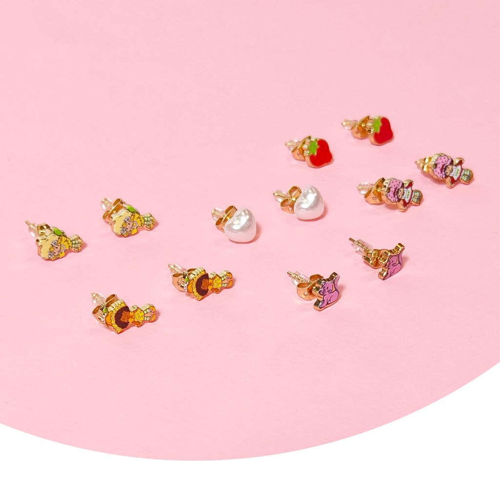 LUV HER The World of Strawberry Shortcake Hypoallergenic Earrings for Girls Ages 4+ - Safe Stud Styles - Jewelry Gift for Sensitive Ears & Cartoon Lovers, 6 Pairs
