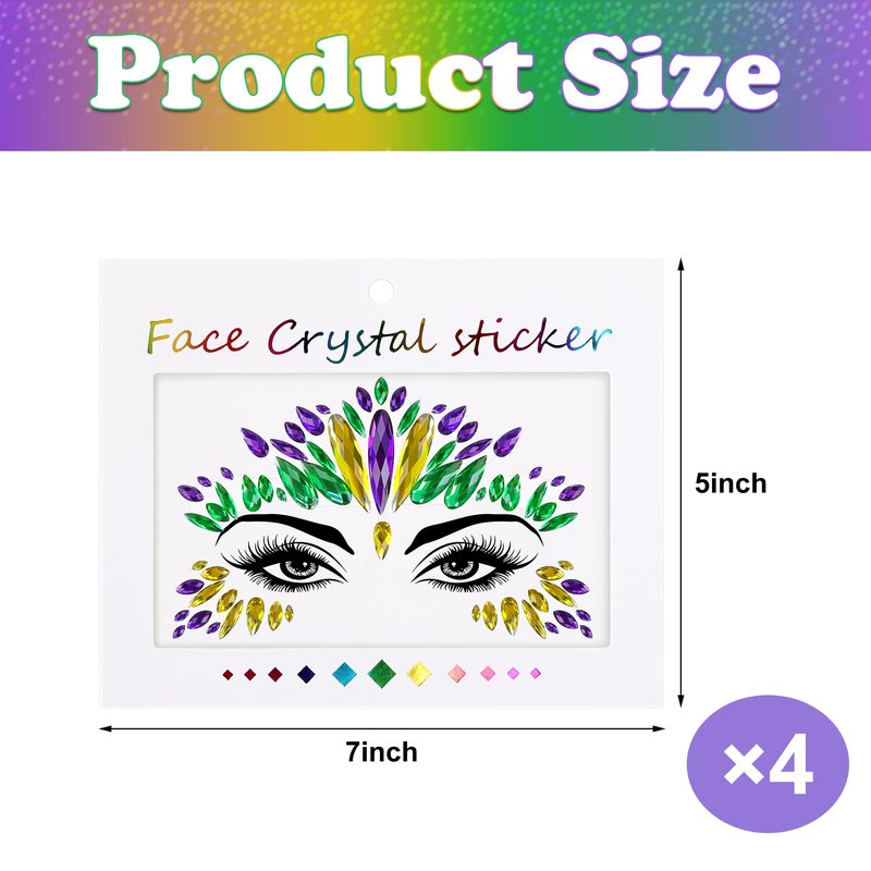 Wehhbtye 4 Set Mardi Gras Face Jewels Stickers, Self-Adhesive Mardi Gras Eye Gems Sticker, Glitter Face Crystals Decoration for Women Party Costume Cosplay Makeup Dress-up Decor