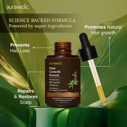 Auravedic Hair Growth Serum with 3% Redensyl & 4% Anagain | Nourishes Roots, Reduces Breakage & Supports Fuller Looking Hair | Rosemary, Bhringraj, Hibiscus | 1.01 Fl Oz (30ml)