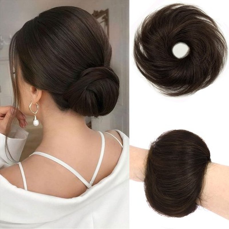 Messy Bun Hair Piece 100% Real Human Hair Natural Curly Scrunchies Dark Brown Updo Donut Chignon with Elastic Rubber Band Fluffy Bun Hair Pieces for Women Girls (#2 Dark Brown)
