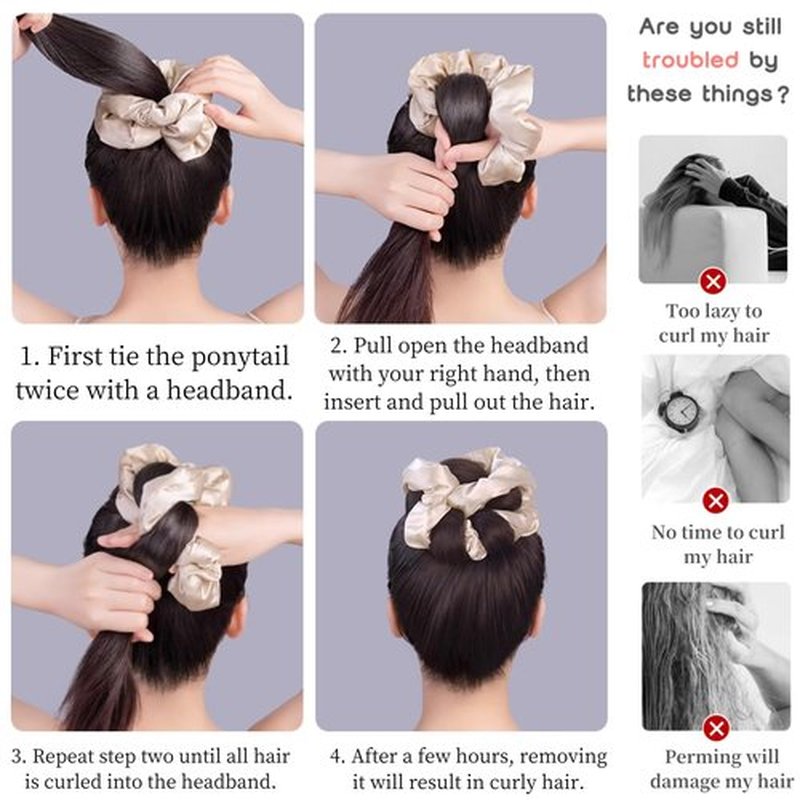 4PCS Large Pillow Scrunchies,Sleep Scrunchies for Women,Big Hair Scrunchies for Thick Hair,Filling Satin Hair Tie No Damage,Heatless Curling Scrunchies,Satin Ponytail Holders(4PCS,A)
