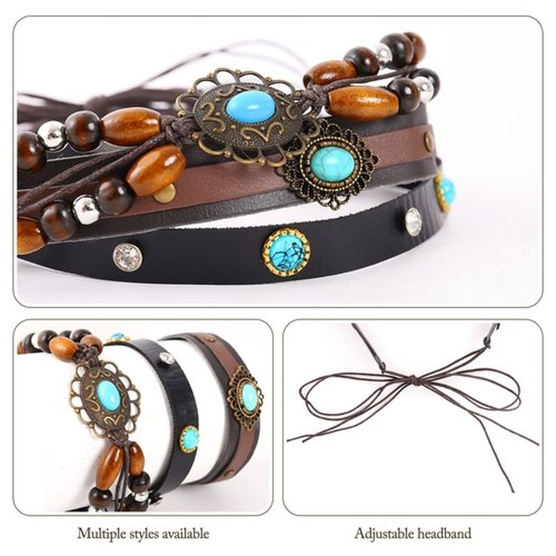 DOCILA Cowboy Hat Bands Women Men, Western PU Leather Turquoise Beaded Cowgirl Hats Belt, Replacement Panama Rancher Fedora Strap Rodeo Headbands
