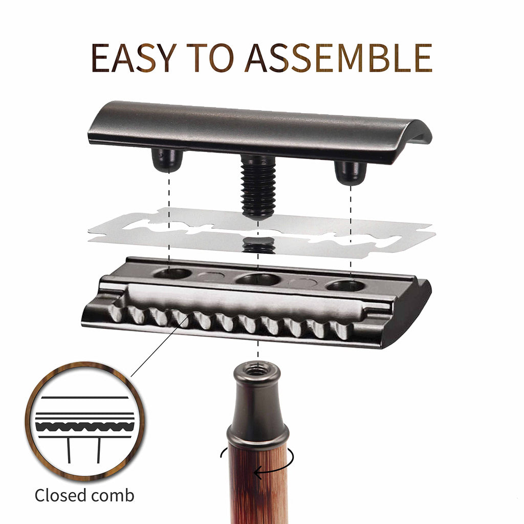 Bambaw Single Blade Razors for Men & Women, Bamboo Razor with 5 Blades, Double Edge Safety Razor, Eco-Friendly, Reusable & Plastic Free – Slim Bamboo Black