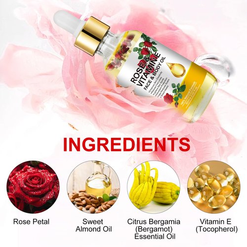 Rose Oil for Face, Rose Vitamin E Oil, Premium Vitamin E Facial Oil - Deep Hydration for Face & Body, Nourishes Dry Skin, Facial Care Support 2 Fl Oz