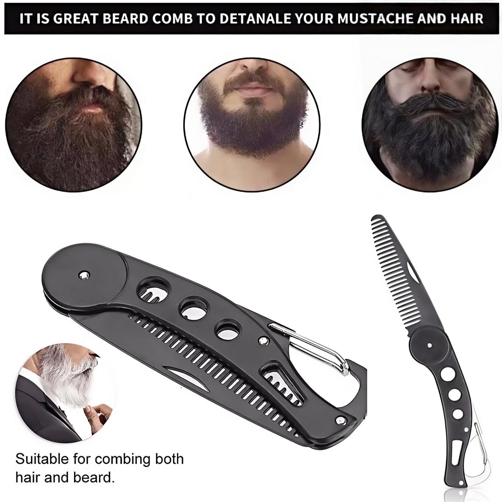 KINTEGOOD Stainless Steel Folding Beard Comb, Portable Mustache Comb, Beard Grooming Kit - Black