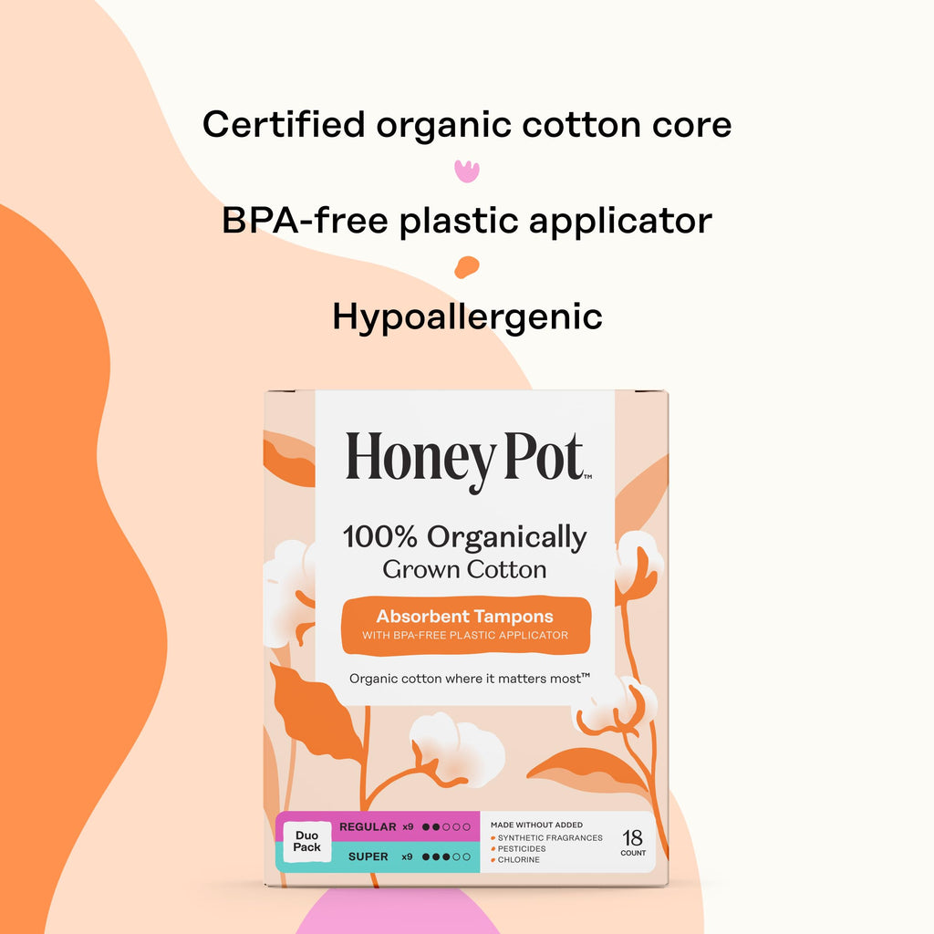 The Honey Pot Company - Multipack -100% Organic Cotton Core Tampons w/Bio Plastic Applicator - Regular & Super Absorbency - Unscented - Feminine Care - 54 Count (3 Packs of 18)