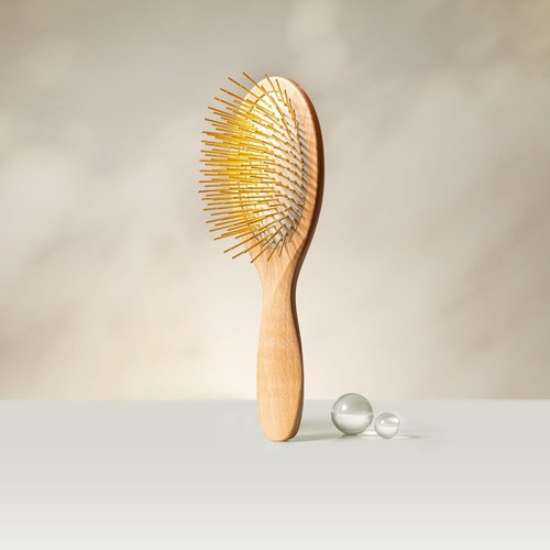 Snow Fox Skincare Gua Sha Hair Brush - Wooden Edition | Scalp Massage Tool with Gold-Plated Bristles for Healthy Hair