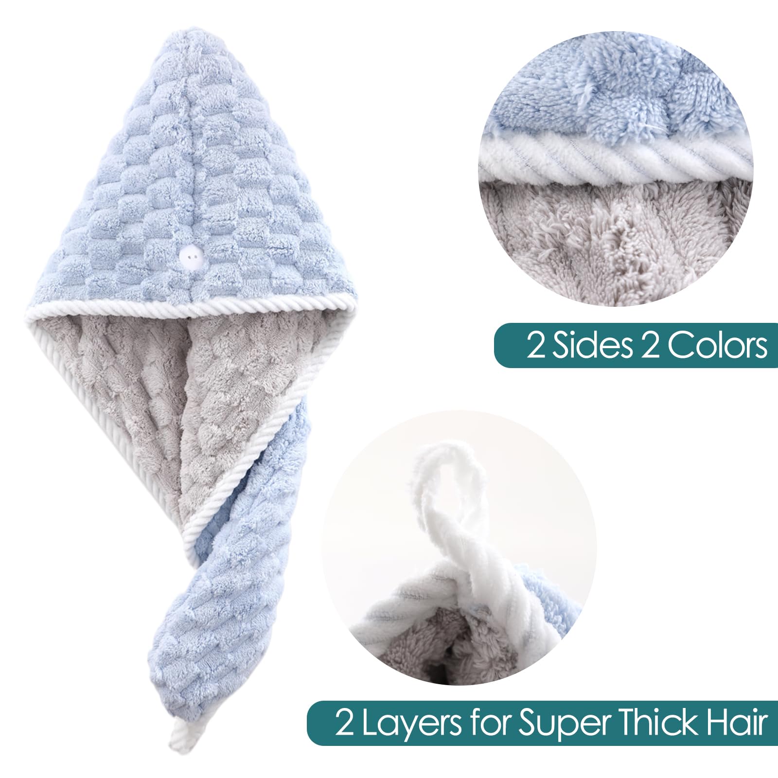 JEFFSUN Womens Microfiber Hair Drying Towel Wrap, 2-Layer Extra Thick Super Absorbent Hooded Hair Towel for Women Long Thick Wet Hair, 2 Colors Blue & Grey Reversible Hair Turban Towel