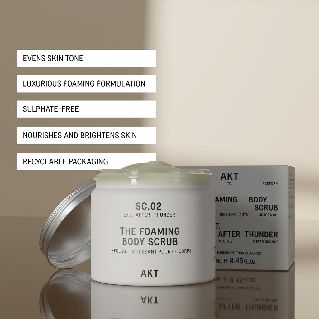 AKT The Foaming Body Scrub 8.4 Fl Oz, Skin Exfoliator, Body Scrub with Rice & Sugar, Papaya & Nourishing Oils, Natural Exfoliating Sugar Scrub with Vitamin E, Dead Skin Remover for Body