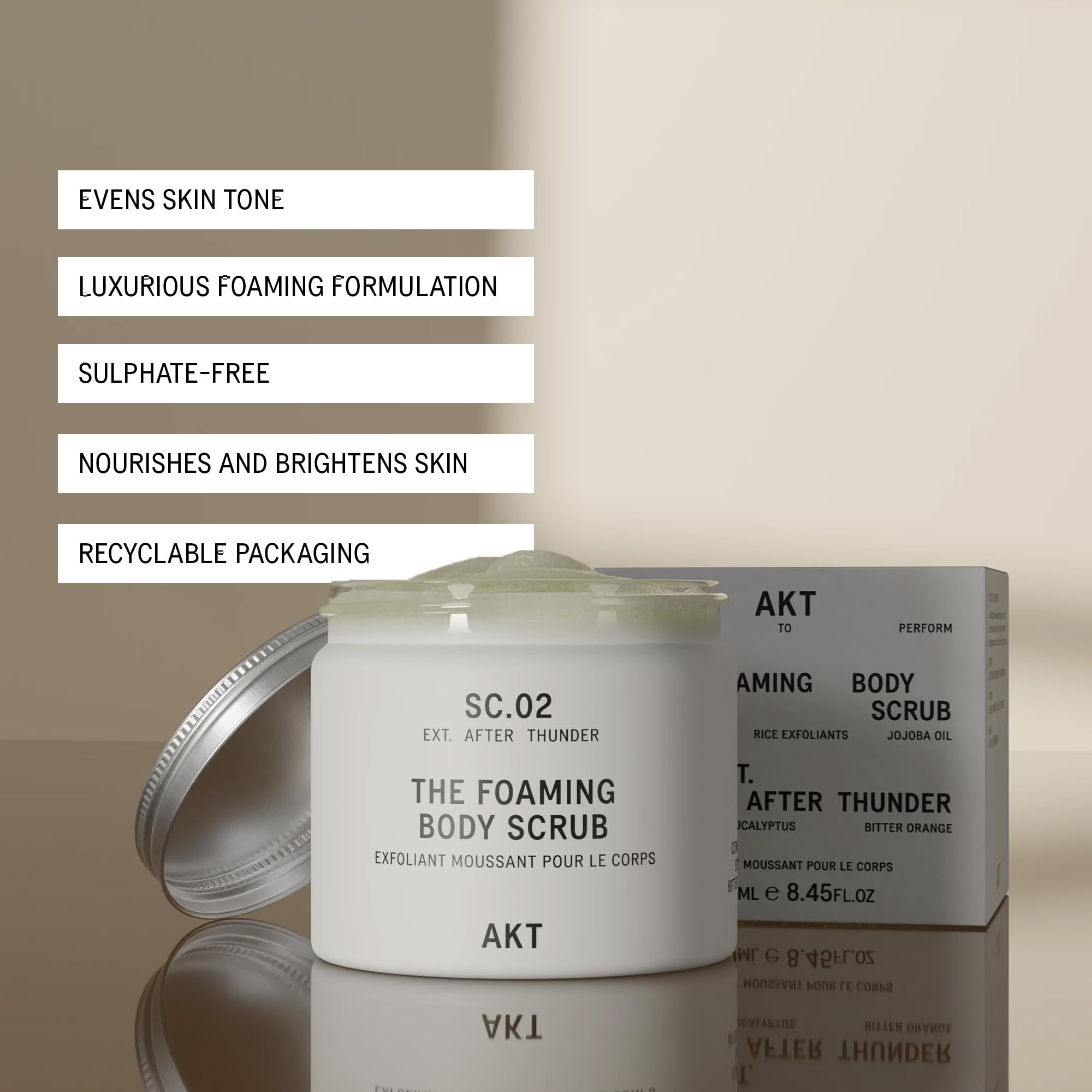 AKT The Foaming Body Scrub 8.4 Fl Oz, Skin Exfoliator, Body Scrub with Rice & Sugar, Papaya & Nourishing Oils, Natural Exfoliating Sugar Scrub with Vitamin E, Dead Skin Remover for Body