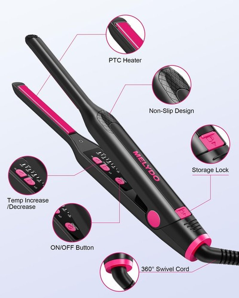 MELYDO Small Flat Irons for Short Hair, 3/10" Pencil Flat Iron with Adjustable Temp Mini Hair Straightener for Edges Pixie Cut and Bangs, Tiny Hair Straightener with Floating Plates, Auto Shut Off