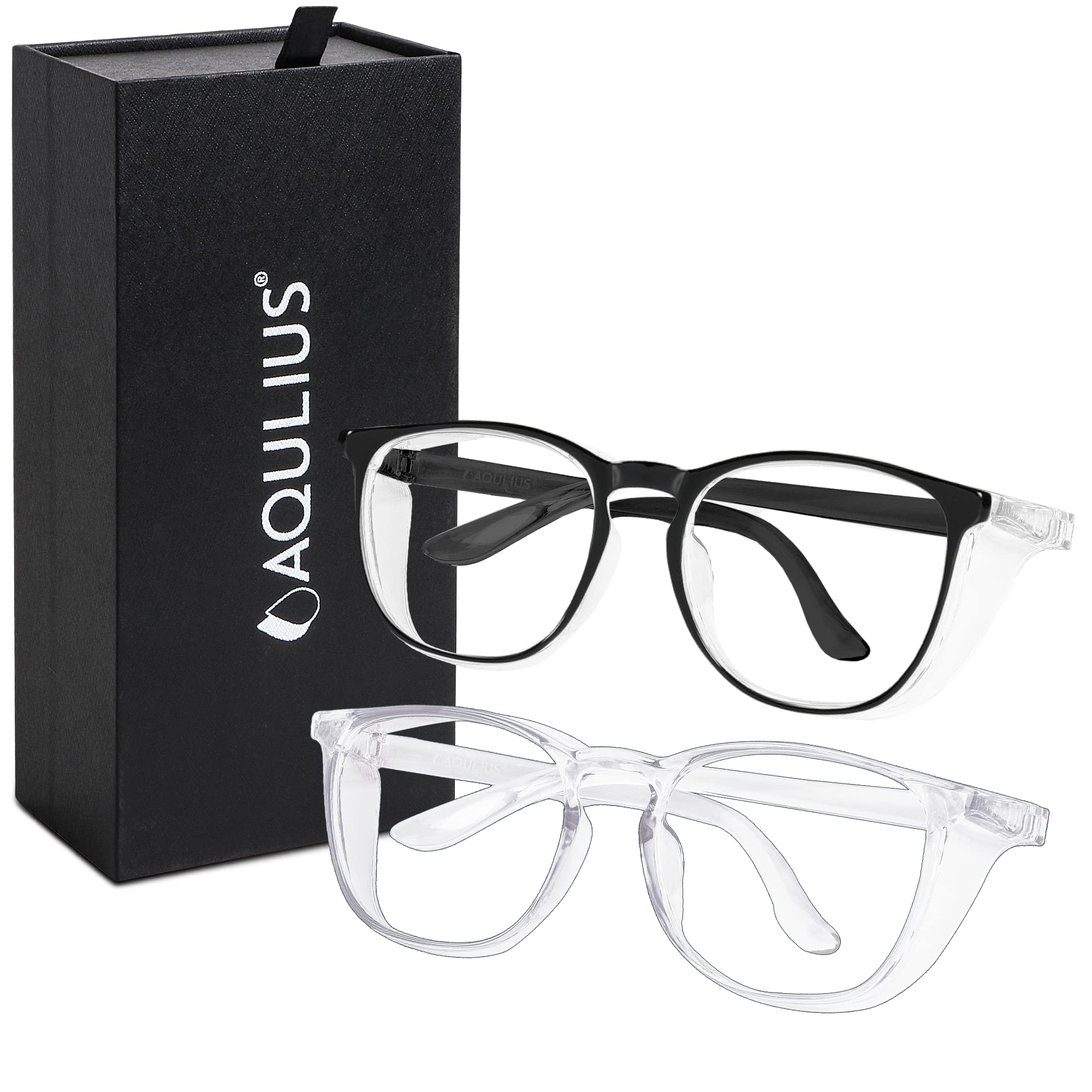 Aqulius Safety Glasses & Goggles 2-Pack - Anti-Fog Safety Glasses - Wraparound Eye Protection for Shooting - Protective Goggles for Woodworking & Fishing - Black/Clear, Pack of 2, Unisex Adult