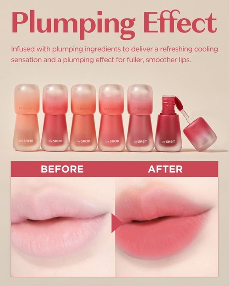 THESAEM Saemmy's Crema Velvet Tint - 06 Cherry Topping Pink Red - Korean Velvet Lip Tint Creamy Comfort Plumping Formula - Blurred Finish Long-Lasting Smooth Lips, 0.14 fl.oz.