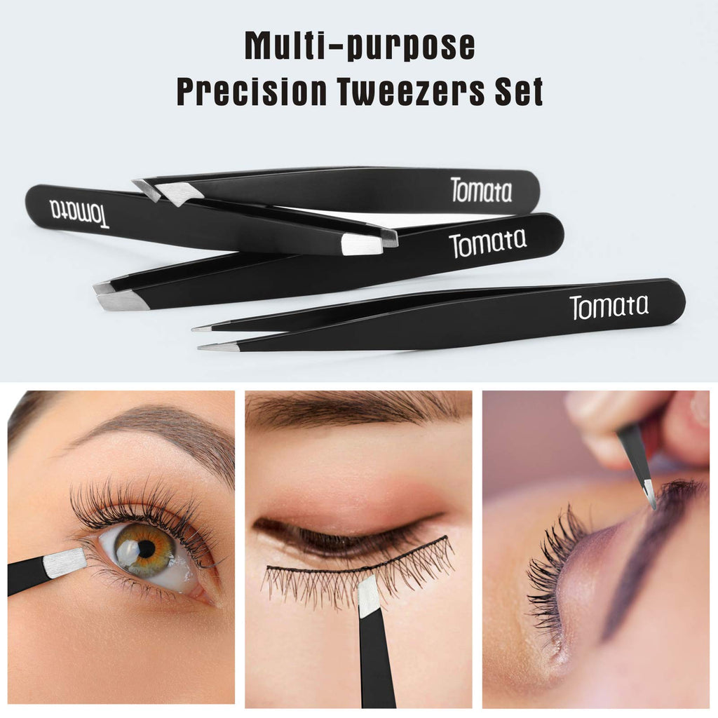 Tomata Tweezers for Eyebrows, 4-piece Slant Tip and Pointed Eyebrow Tweezer Set Great Precision for Eyebrows Facial Hair, Ingrown Hair, Splinter, Blackhead and Tick Remover (Black)
