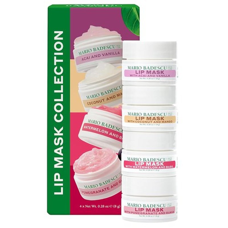 Mario Badescu Lip Mask Collection Gift Set – 4 Pc Hydrating Lip Masks for Dry Lips in Acai Vanilla, Watermelon Basil, Coconut Mango & Pomegranate Guava – Overnight Moisture & Nourishing Care