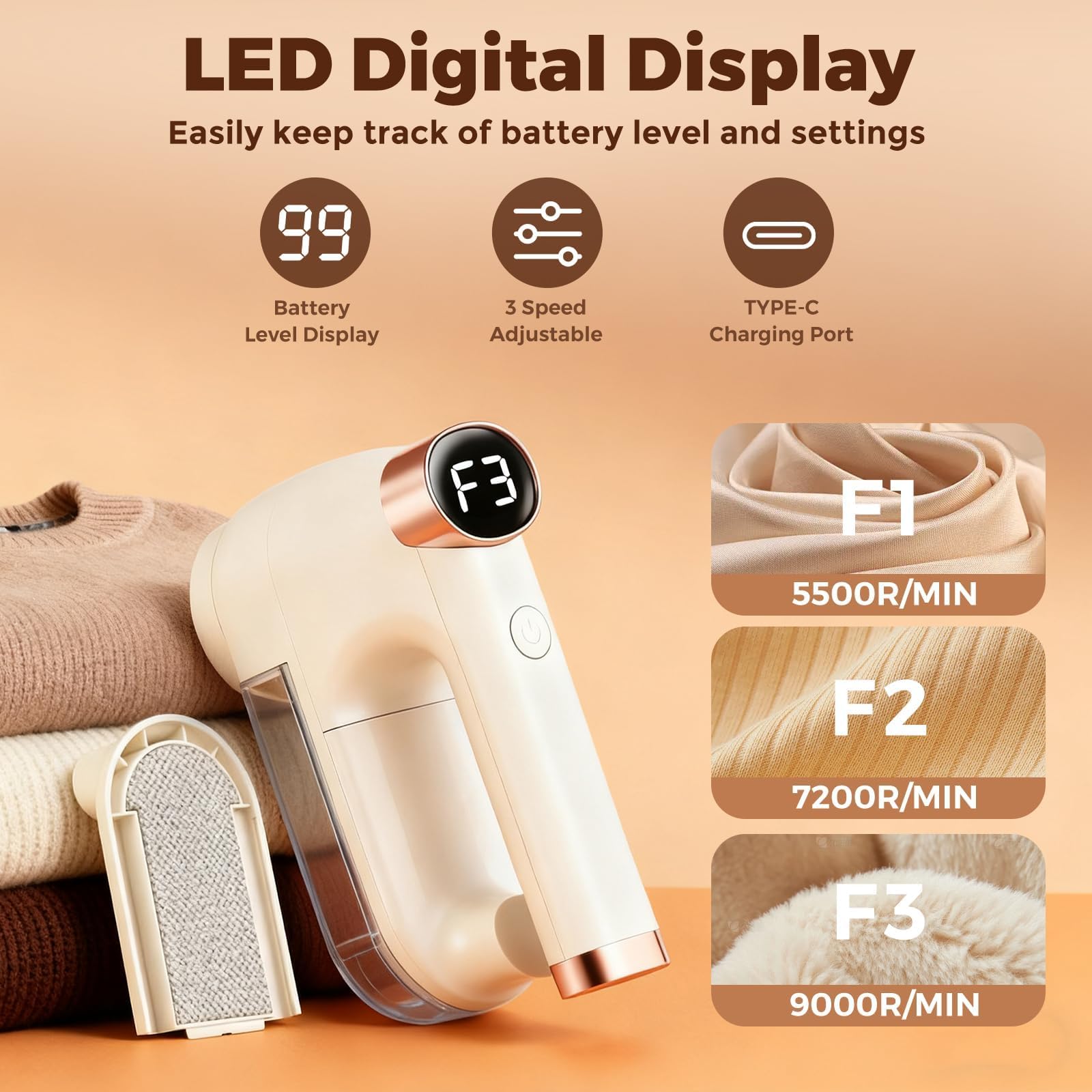 Poputra Fabric Shaver, Lint Shaver with Lint Brush, 3-Speed Sweater Shaver to Remove Pilling for Clothing, 6 Leaf Blade, LED Display, Electric Lint Remover for Furniture, Blanket, Couch (Beige)
