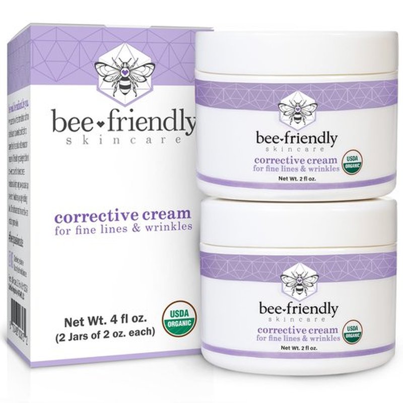 BeeFriendly Organic Corrective Cream, USDA Certified Face Moisturizer Rich Revitalizing Night Cream For Sensitive Skin Aids With Fine Lines, Wrinkles, Crows Feet, Eyes, Face, Neck 4 oz (2 Jars in box)