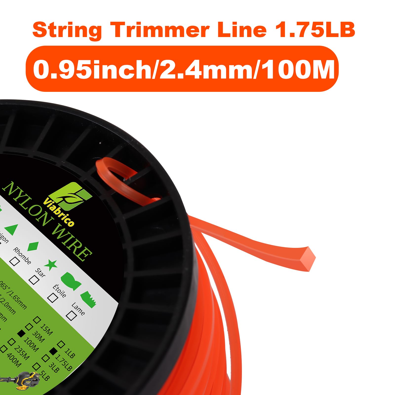 Viabrico .095" Weed Eater String, Square Orange Heavy Duty String Trimmer Line, Weed Wacker String Universal Commercial Grade, Premium Nylon Weedeater Line 0.095" x 1.7LB, 330Foot
