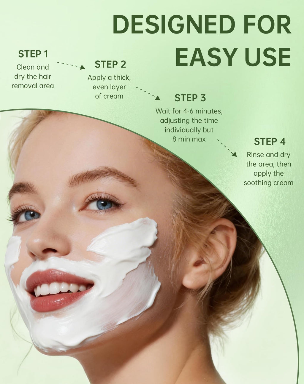 Facial Hair Removal for Women + Soothing Cream 2-in-1 Gentle Painless Hair Remover for Upper Lip, Chin & Sideburns 4-Minute Fast-Acting Depilatory for At-Home Use,2.03 Fl Oz