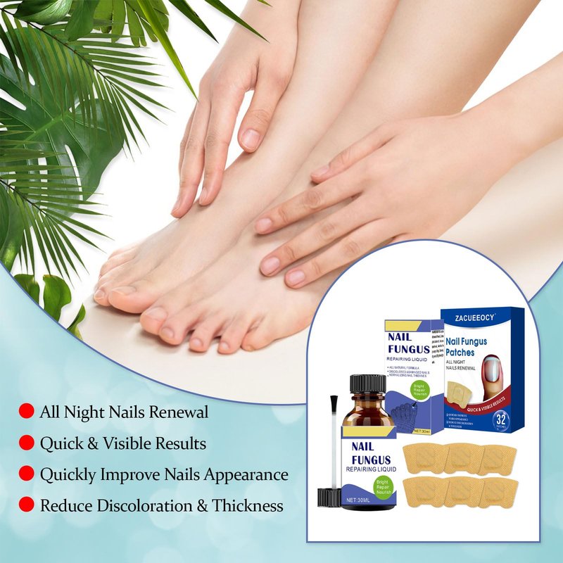 ZACUEEOCY Toenail Fungus Treatment Extra Strength Kit, 30ml Nail Repair Solution and 32 Nail Renewal Patches for Damaged Thick Discolored Toenails and Fingernail