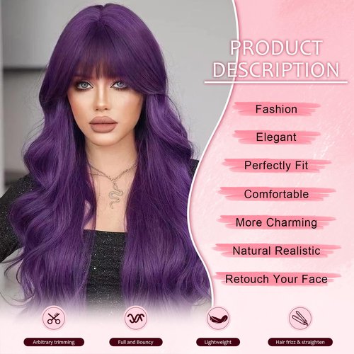 NOSTALGIA Purple Wig with Bangs Long Purple Wavy Wigs for Women 26 Inch Dark Purple Wigs Natural Looking Heat Resistant Synthetic Wig for Daily Party Use