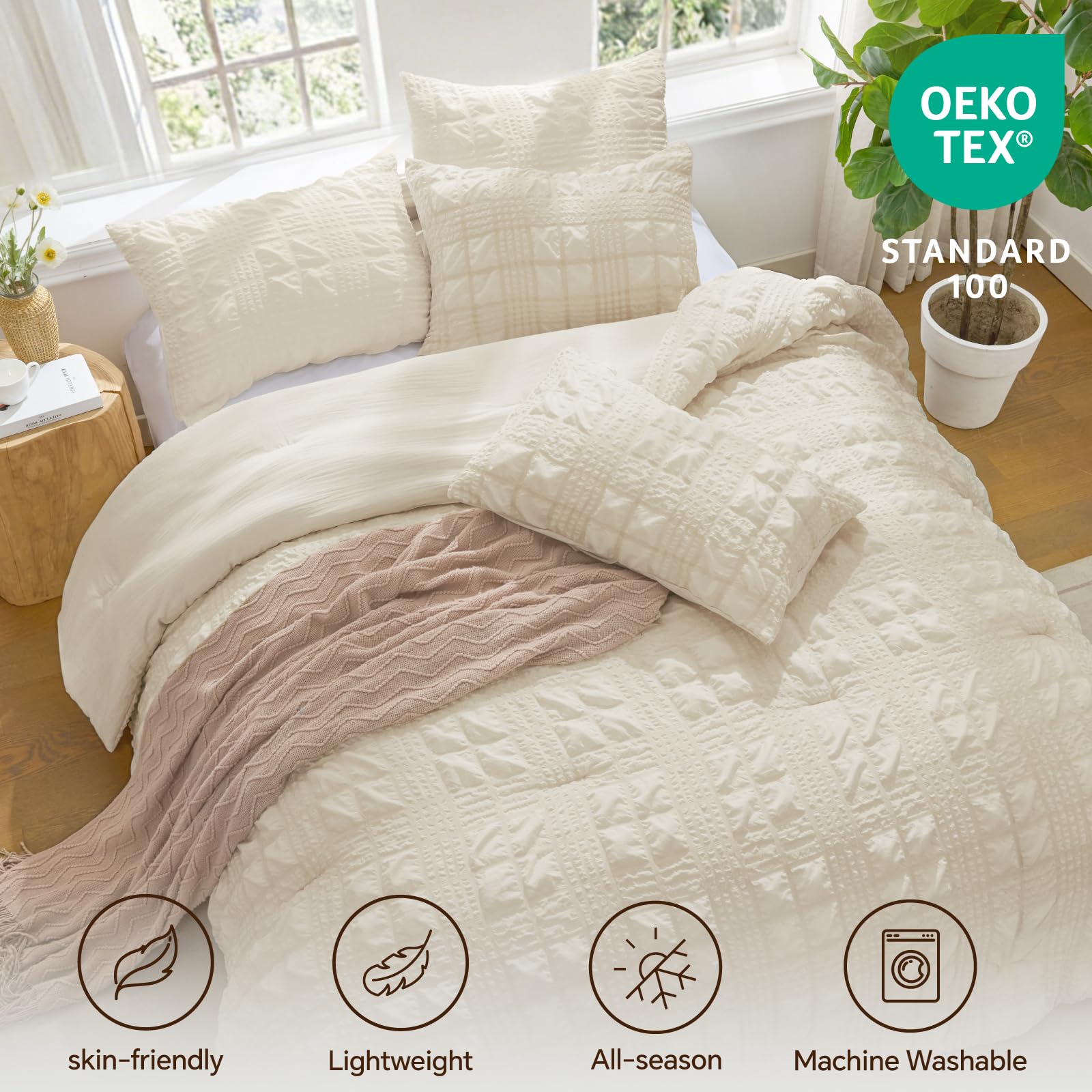 BEDELITE Cream King Size Comforter Set, All Season Luxury Seersucker Bedding Set with Pillowcases, Soft Lightweight Comforter 3 Pieces for Bedroom