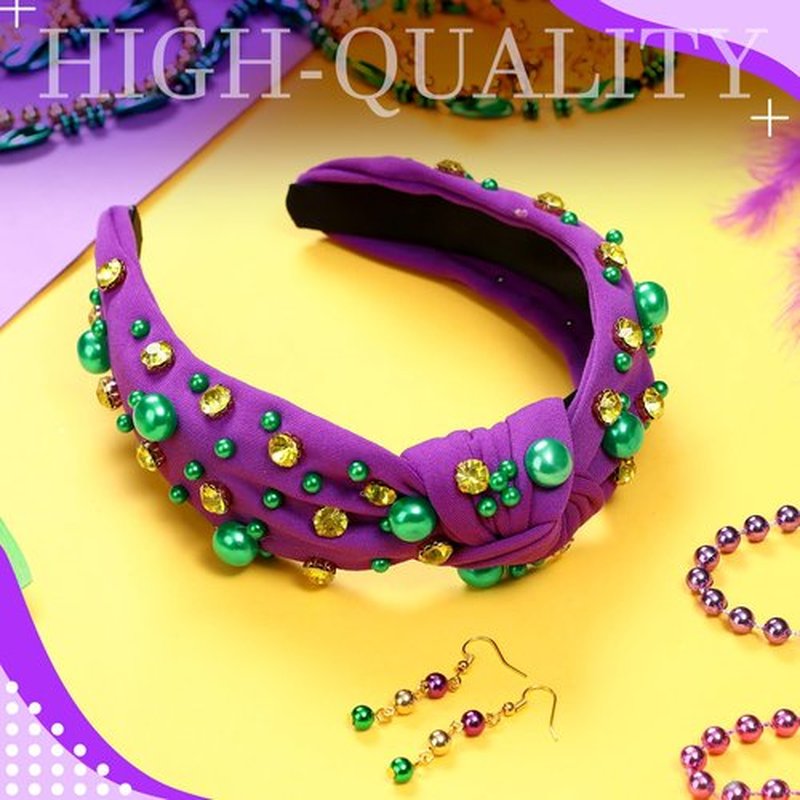 Hoolerry 2 Pieces Mardi Gras Hairband for Women with Earrings Green Yellow Rhinestone Pearl Purple Knotted Headband Woman Head Accessories for Carnival Holiday Decor Woman Gift