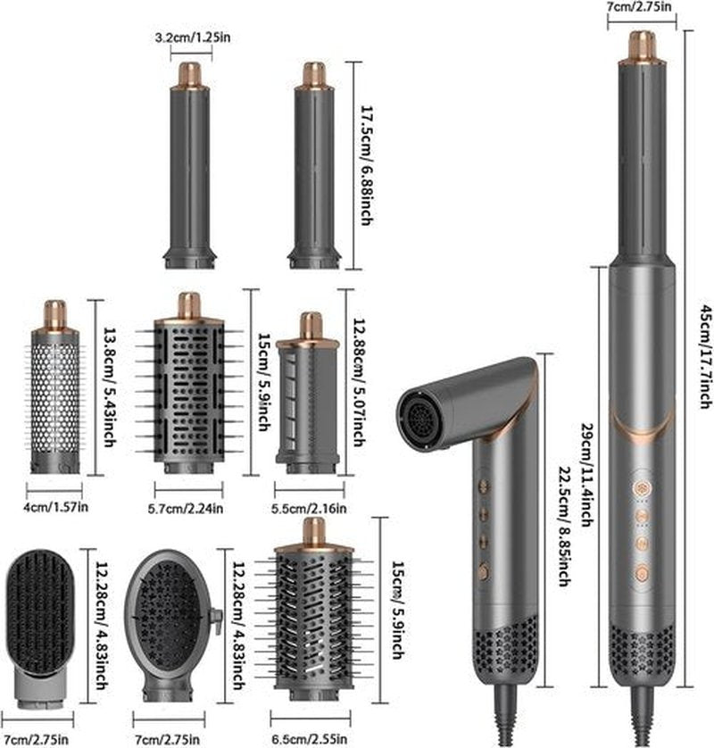 8 in 1 Hair Styler Curler & Air Dryer Brush, 110,000 RPM High-Speed Negative Ionic Foldable Hair Dryer Fast Drying, Multi Professional Hot Air Styler for Curling Volumizing Straightening Styling(Gray)