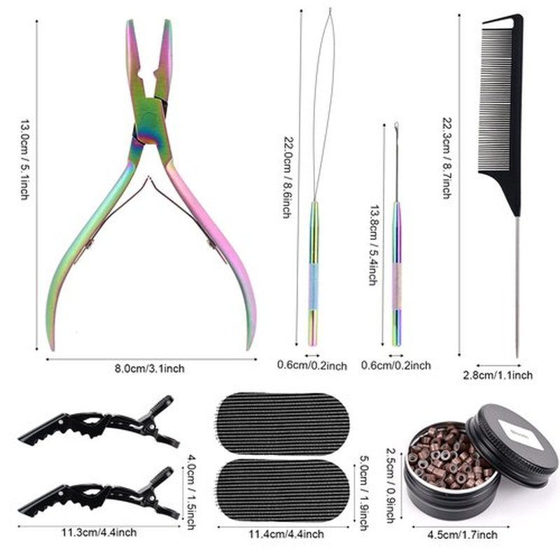 NEWISHTOOL Hair Extension Tool Kit, Micro Links Beading Pliers, Loop Pulling Hook Threader Bead Device Tool and 300 PCS Silicone Beads Hair Styling Accessories, Micro Rings Feather Extension Tools