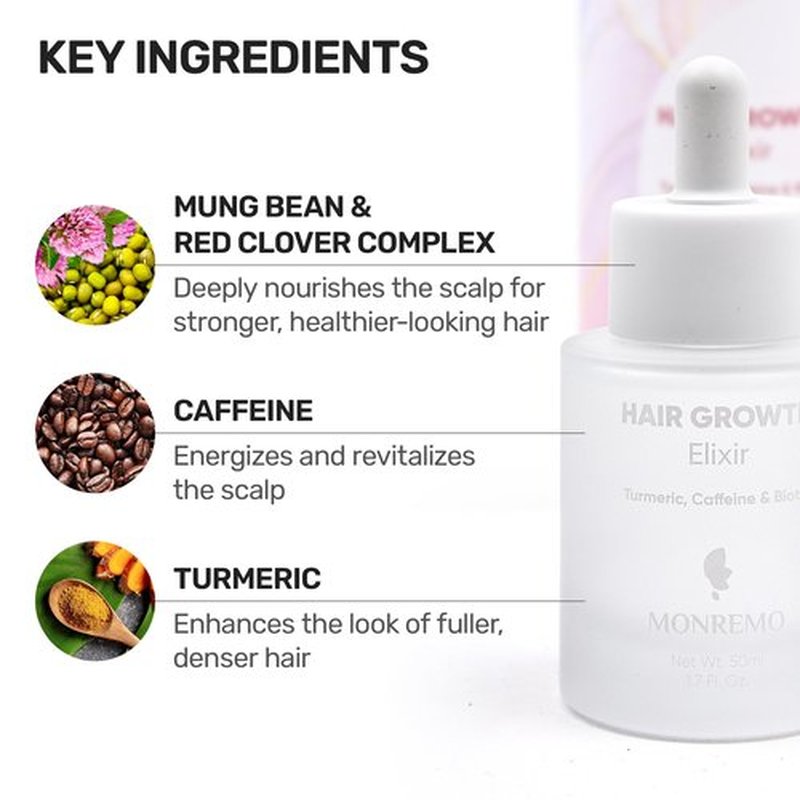 MONREMO Hair Growth Serum with Turmeric, Caffeine & Biotin – Fast-Absorbing Hair Thickening Serum & Scalp Treatment for Men & Women – Lightweight Vegan Formula for Thinning, Weak Hair Regrowth
