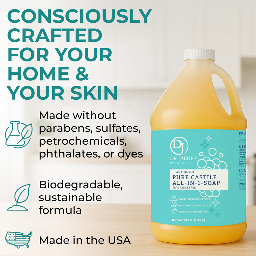 Dr. Jacobs Naturals Pure Castile Soap, 64 oz Value Size - Unscented - Made in USA - All-in-One Plant-Based Multipurpose Cleaner for Floors, Counters, Dishes & Laundry, Gentle on Skin, Biodegradable